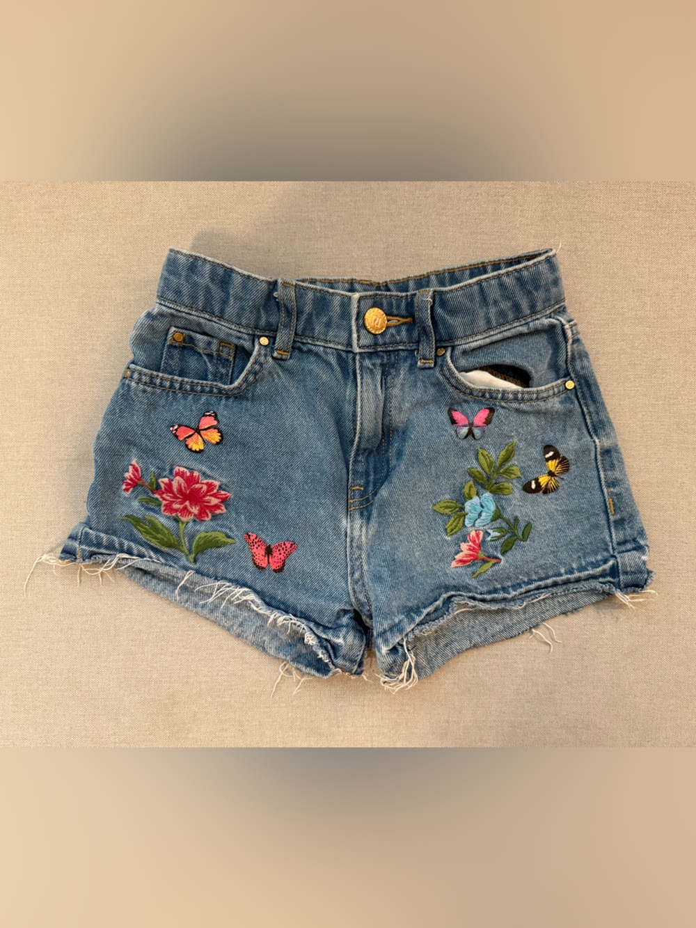 River Island Denim Shorts with Floral & Butterfly Embroidery